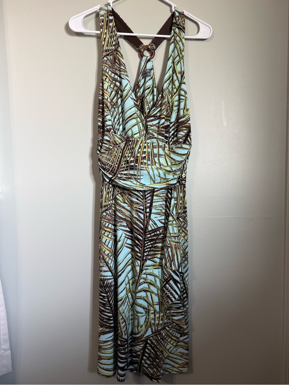 Muse Tropical Palm Leaf Halter Dress Blue Brown Ring Detail Size 12